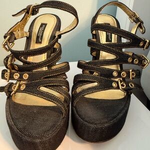 Dolce & Gabbana Black and Gold Strappy Platform Heels